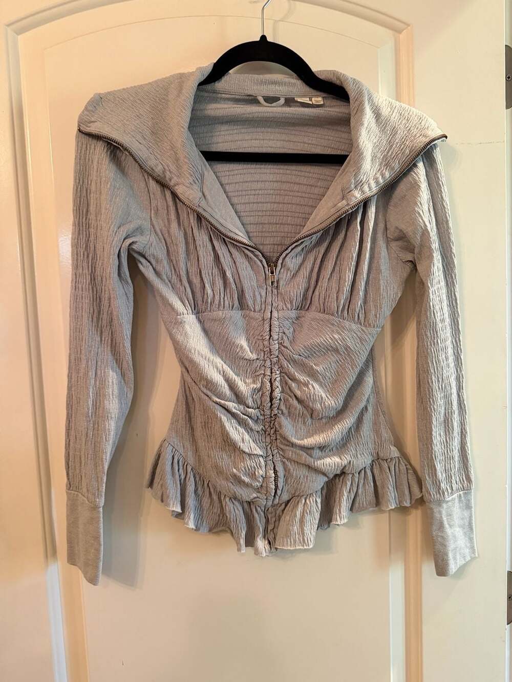 Anthropologie Eloise Ruched Zip-Up Ruffle Jacket Grey Small